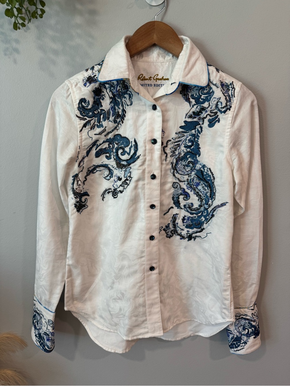 Robert Graham Limited Edition Button Down Shirt with Blue Paisley Embroidery